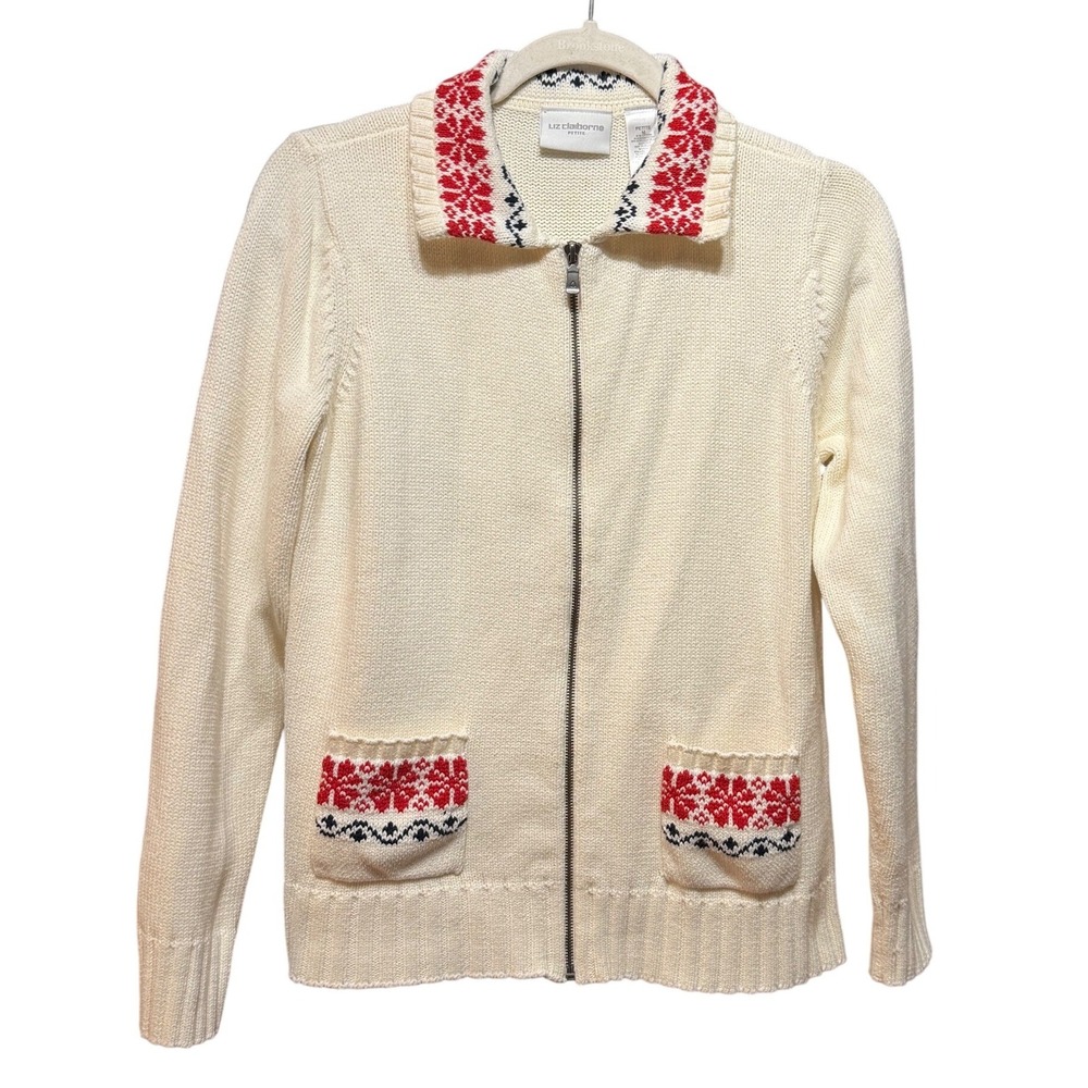 Nordic Cozycore Liz Claiborne Petite Cream Fair Isle Zip Up Cardigan Sweater Med